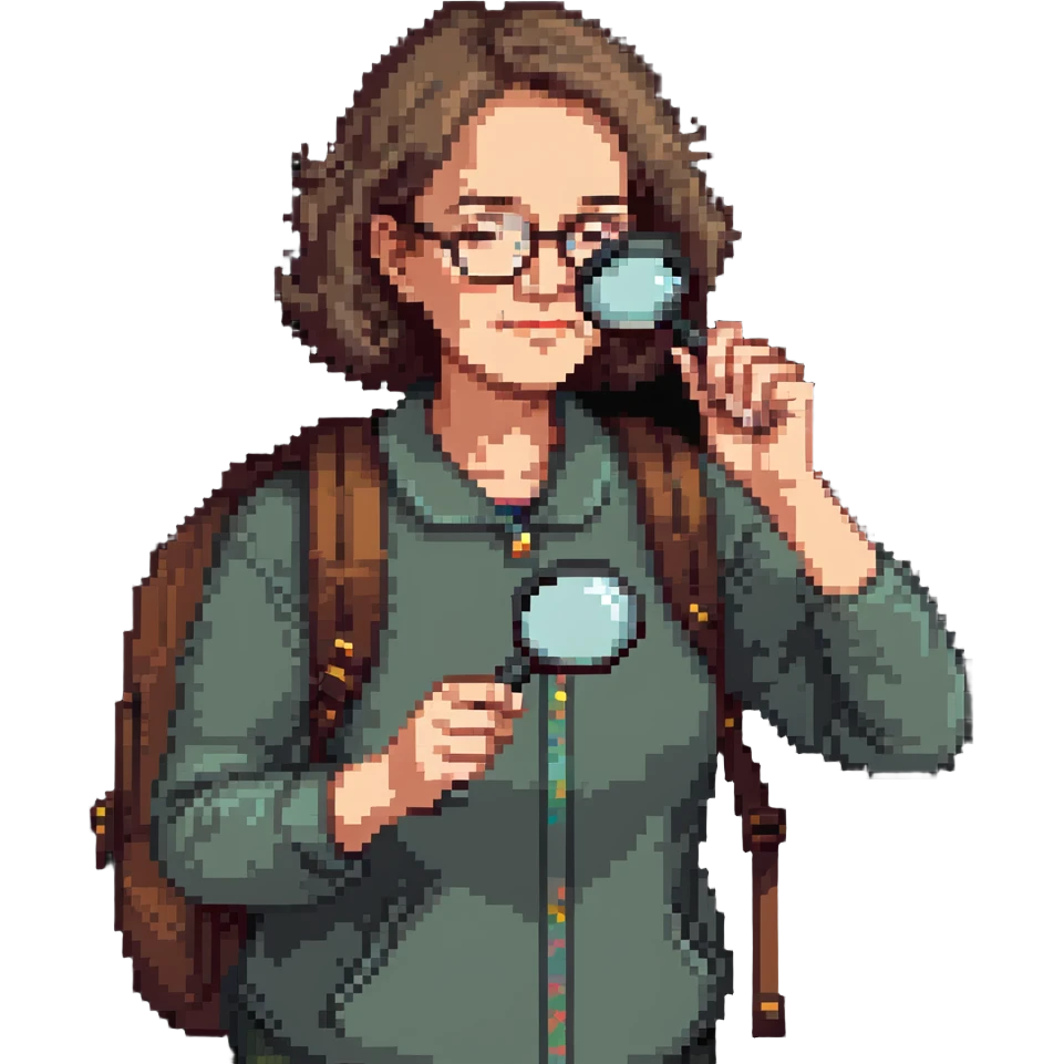 Middle-aged woman hiker with glasses and backpack, using a single magnifying glass emoji