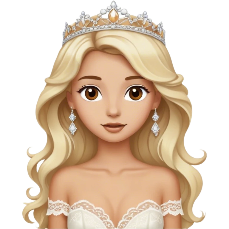 Blonde model with brown eyes, long wavy hair, honeymoon, white silk and lace dress emoji