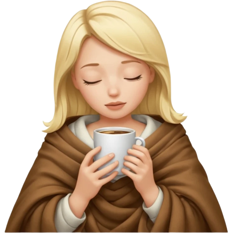 Blonde girl inside a blanket sipping coffee eyes closed emoji