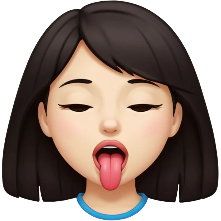 A girl with dark hair, closing her eyes and her mouth wide open while sticking her tongue out emoji