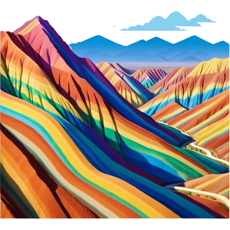 Rainbow Mountains Zhangye Danxia colorful striped hills, simplified emoji style with bold outlines and bright colors, cartoon style multicolored mountain ridges emoji