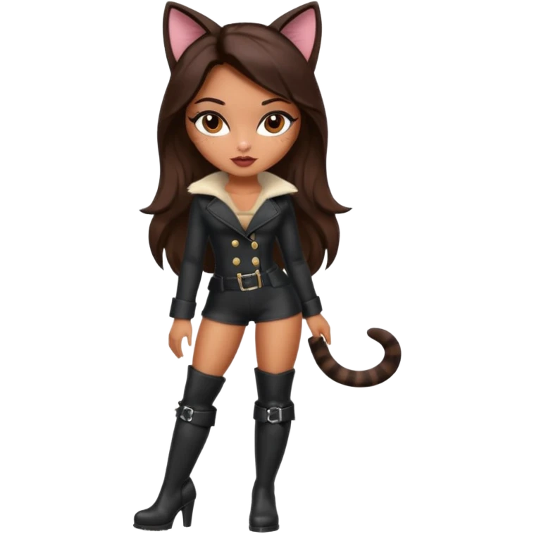 A sexy, super pretty bratz girl with caramel skin. Dark brown hair and brown eyes. She has freckles. Wearing sexy makeup. Dressed as a sexy cat with tall black boots on emoji