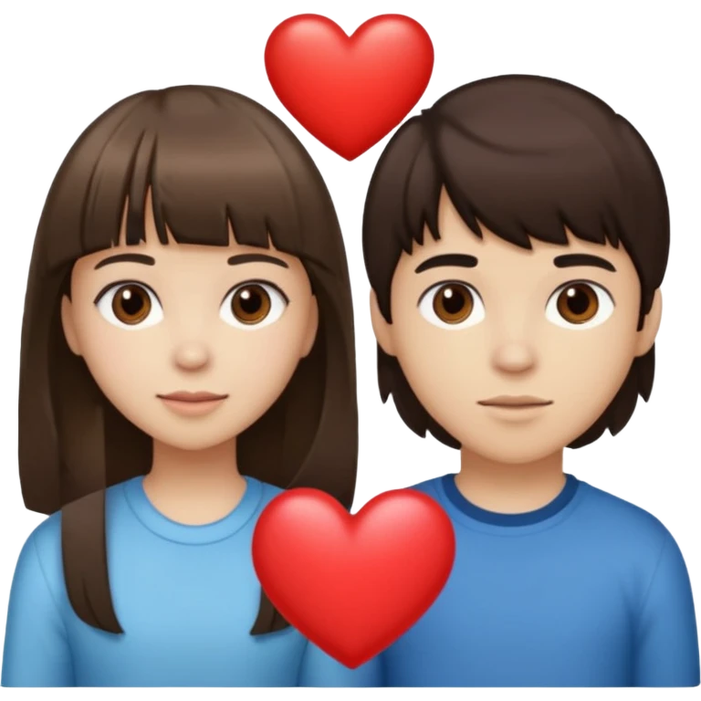 girl brunette with bangs long hair with boy dark brown hair with bangs with straight eyebrows with a light color heart between them. emoji