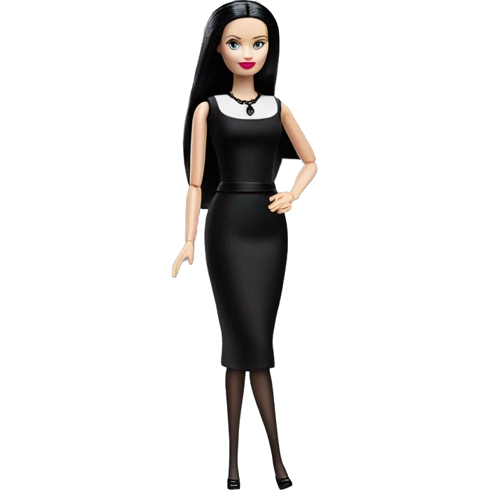 Really Hot elegant Wednesday Addams Barbie. Slinky silk well-fitted, backless black dress. very pale complexion. simple jewelry. Bedroom eyeshadow. Dark straight hair. emoji