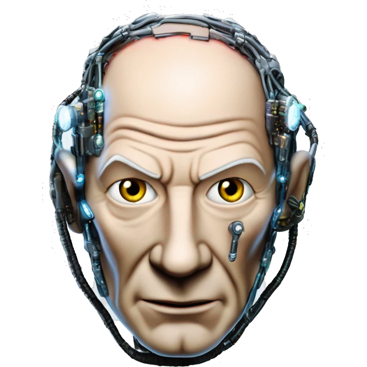 Jean luc picard from Star Trek assimilated by the Borg, with mechanical metal covering only the left side of his face, with wires and a red light on the left side. Both his eyes are unobstructed and are human blue eyes. emoji