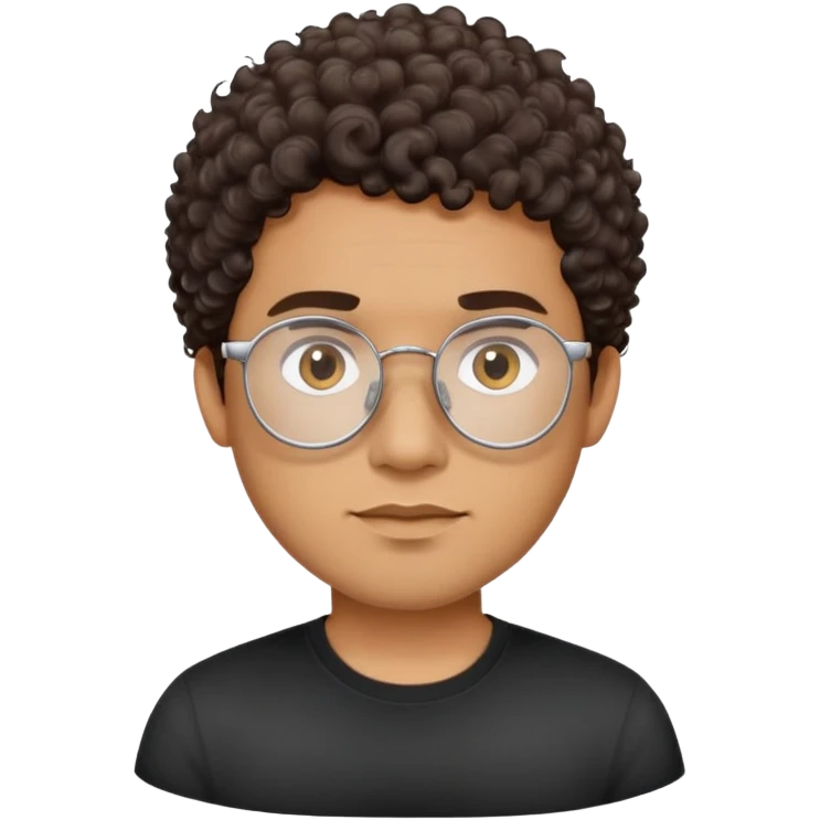 Man with oval face, large oval metallic glasses, short dark curly hair with high fade, neutral-friendly expression, light brown skin, wearing a black shirt emoji