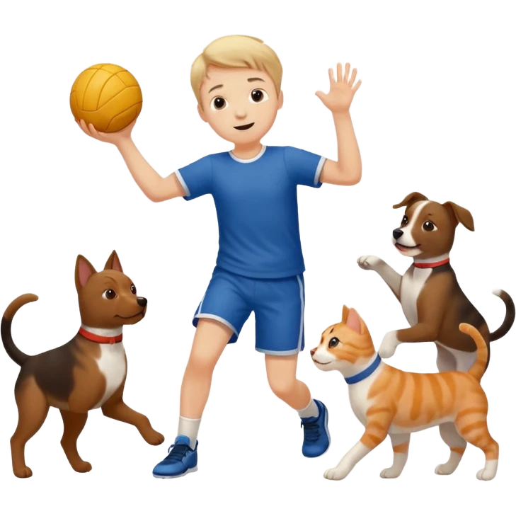 ragazzo basso  che gioca a pallamano circondato da cani e gattu emoji