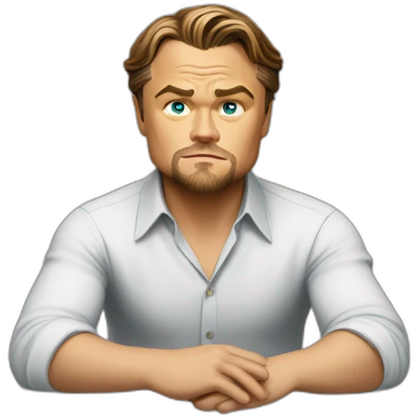 Leonardo DiCaprio sitting on a table and trying to solve a problem in his business emoji