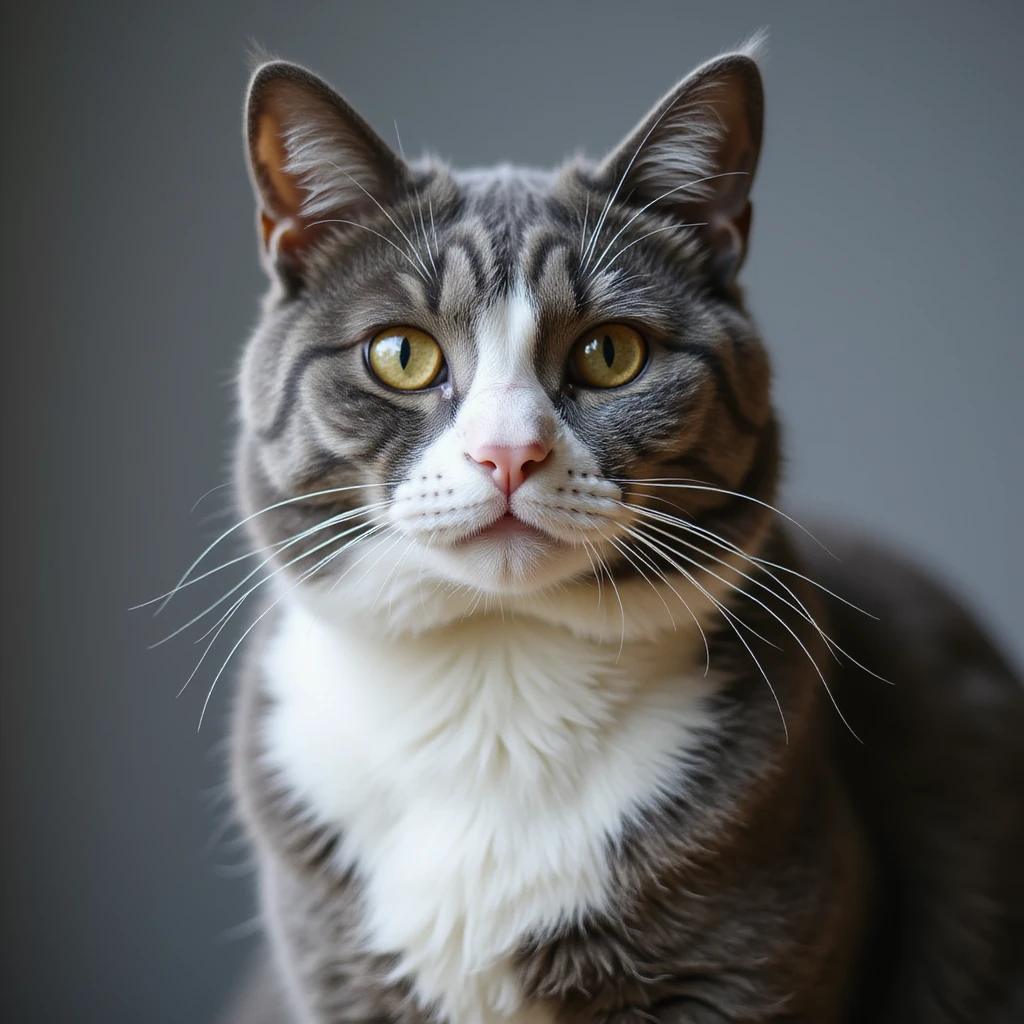 a realistic cat with a white nose and underbelly, gray on the rest of the body, natural fur texture, photorealistic style emoji
