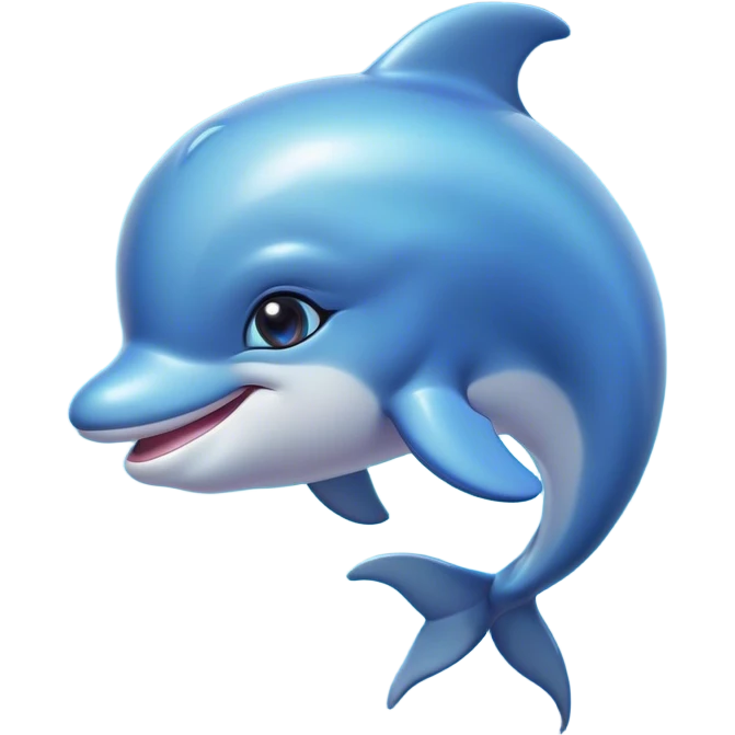 Cinematic Cute Dolphin Portrait Emoji, Head tilted playfully and inquisitively, featuring a smooth, streamlined body with shimmering, silvery-blue skin and round, sparkling eyes full of playful charm, Simplified yet irresistibly adorable features, highly detailed, glowing with a warm, friendly oceanic glow, high shine, affectionate and lively, stylized with a touch of aquatic whimsy, soft glowing outline, capturing the essence of a mischievous yet loving dolphin that appears as if it could splash out of the screen into your arms! emoji