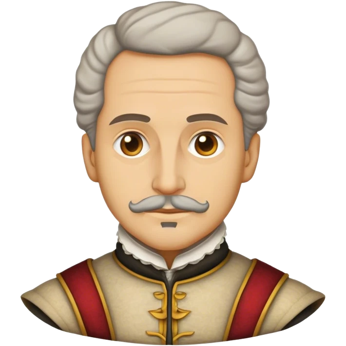Cinematic Realistic Miguel de Cervantes Portrait Emoji, depicted as a wise thoughtful literary figure in period attire with a reflective gaze, rendered with detailed textures and soft historical lighting that captures his enduring literary legacy. emoji