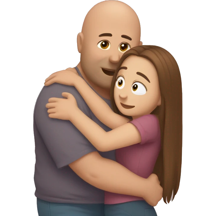 Long brown hair girl hugging bald chubby guy emoji