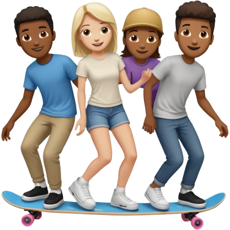 Four people (two black guys, one white guy, one white girl) on one long skateboard emoji