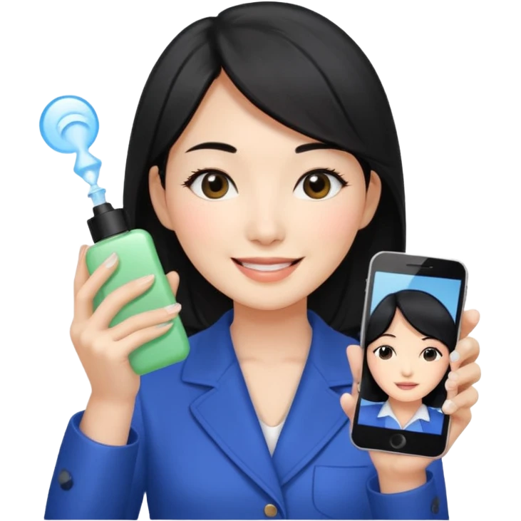 a korean cosmetics marketing expert women with black hair, holding face-mist and phone with smile on emoji