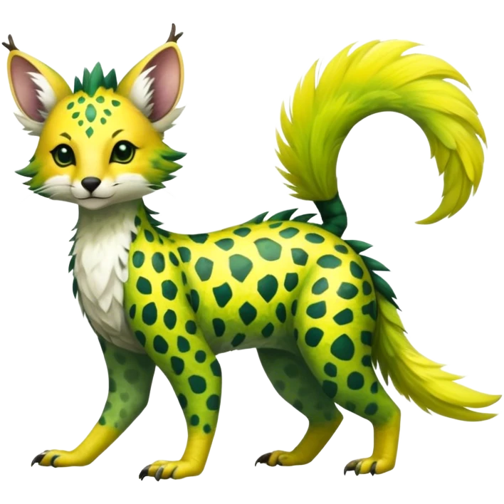 Feral Rare Fantasy vibrant tropical Vernid-Trico-jungle-animal-species-hybrid by LiLaiRa, random markings, tufted tail, tufted ears, full body emoji