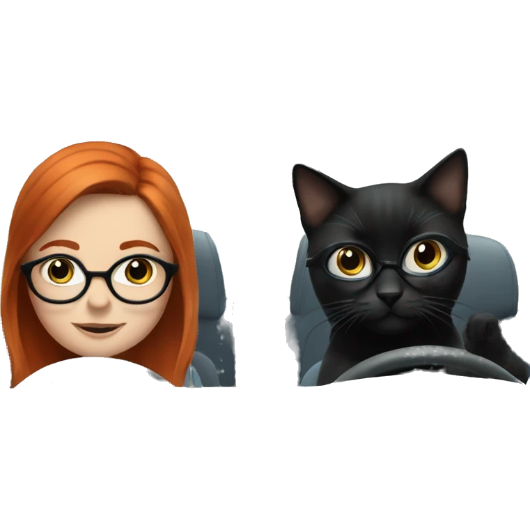 Redhead girl glasses driving blue with 2 black cats  emoji