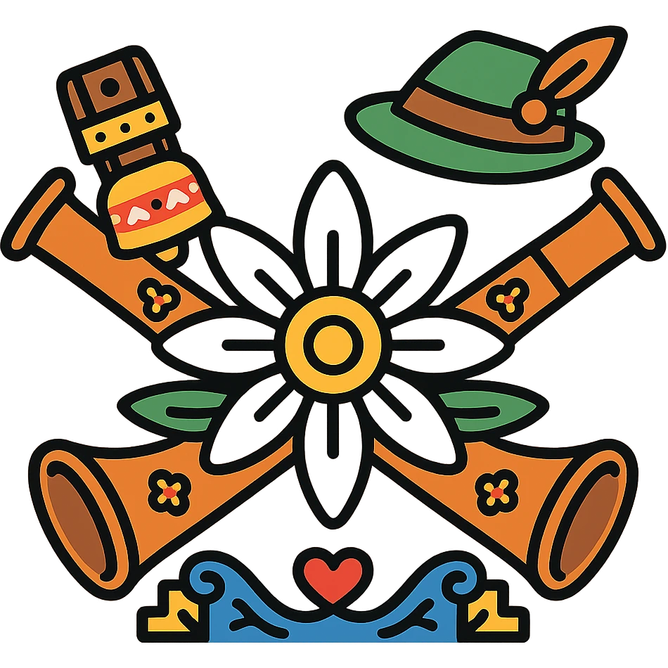 two crossed alpine horns behind an edelweiss, with kitsch alpine elements like a cowbell, a Tyrolean hat, and folkloric patterns, colorful icon style, joyful and traditional atmosphere emoji