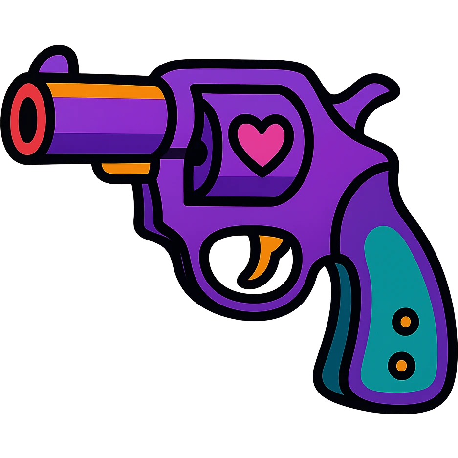 purple heart pistol, vibrant toon style, bold outlines, playful look emoji