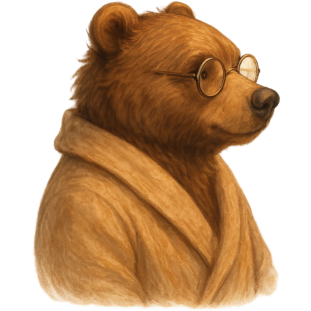 A cute anthropomorphic bear wearing round glasses and a cozy bathrobe, profile view, detailed, semi-realistic style, warm atmosphere. emoji