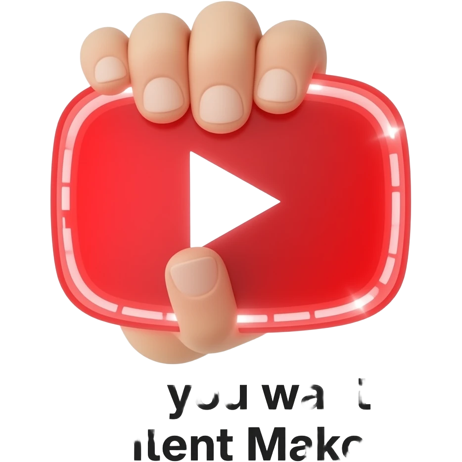 high-detail photograph of a human hand holding a floating, holographic YouTube logo that emits a vibrant red and white inner glow. The text 'Do you want Content Maker?' is displayed in a modern, bold, sans-serif font below the logo, with a subtle glow effect on the text. emoji