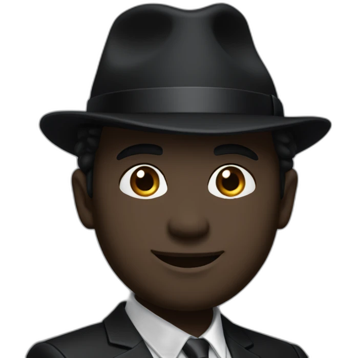 Man with cobalt black skin wearing a black formal suit with a black tie, wearing a fedora with a white stripe on it. emoji