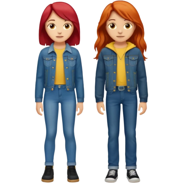full-length couple, girl with long red hair and brown eyes in blue jeans and yellow top, boy with black hair in denim jacket emoji