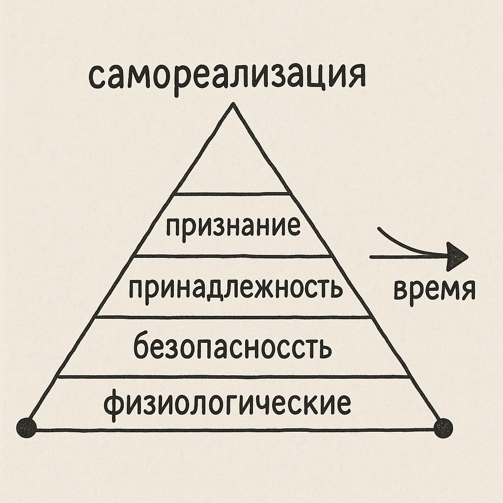 Modify the pyramid to have a triangular base. Adjust the arrow from 'время' to point inward into the drawing. Reduce the size of the spheres at each corner by half. emoji