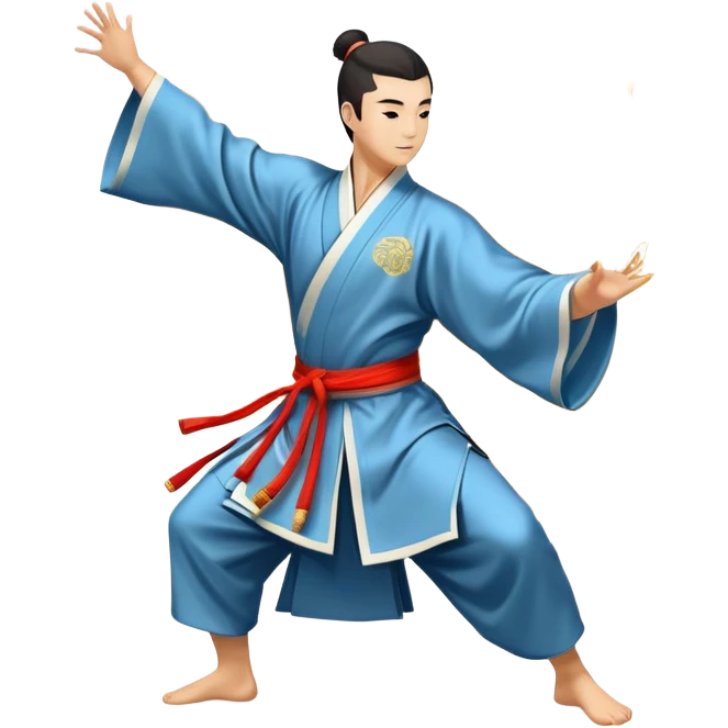 Emblem symbolizing Wushu martial arts. A graceful martial artist performs a dynamic kung fu pose, with flowing movements and a long, elegant robe. The background features stylized clouds and traditional Chinese symbols, representing fluidity, balance, and precision. Transparent background. emoji