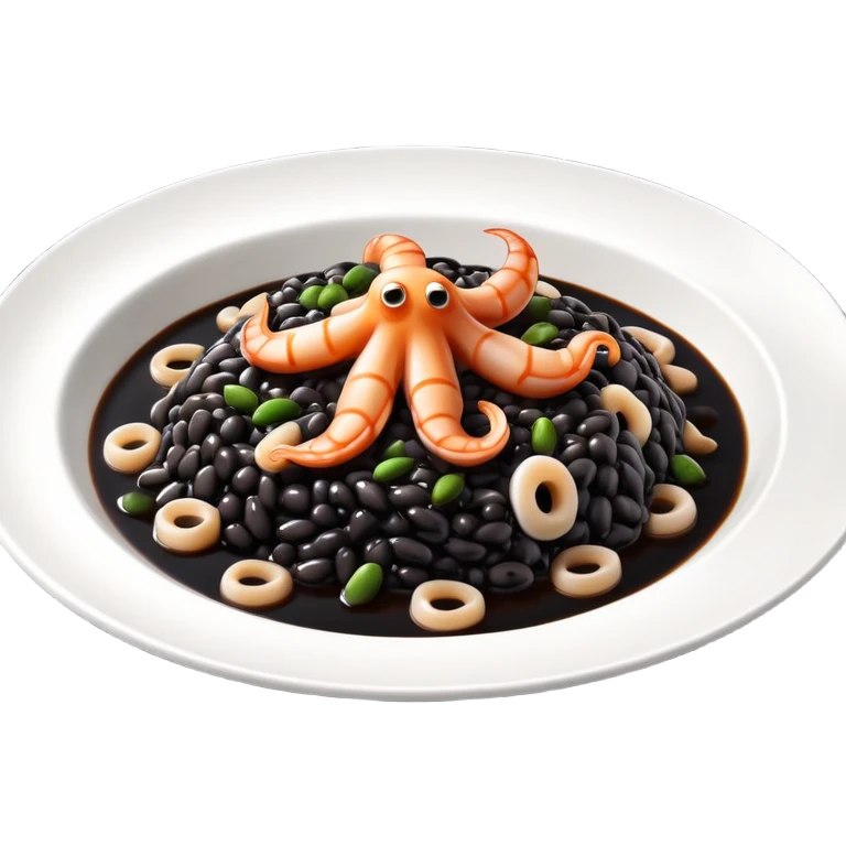 cinematic-realistic-black-risotto-dish-emoji,-showcasing-small squid pieces in black sauce -rendered-with-bold-textures-and-dynamic,-dramatic-lighting in a white plate emoji