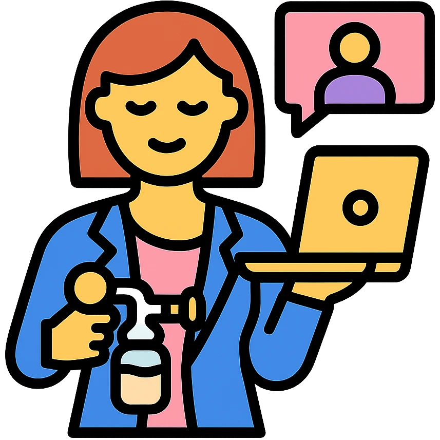 working mum multitasking, pumping milk while on a video call emoji