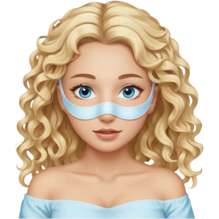 White girl- ocean blue eyes - beauty face mask massage -full care- blonde long curly hair  white off shoulder shirt emoji