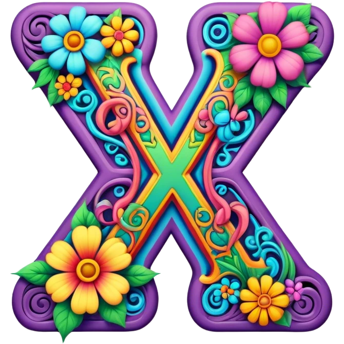3D, gothic style psychedelic colored Letter X with hippie style flower border emoji