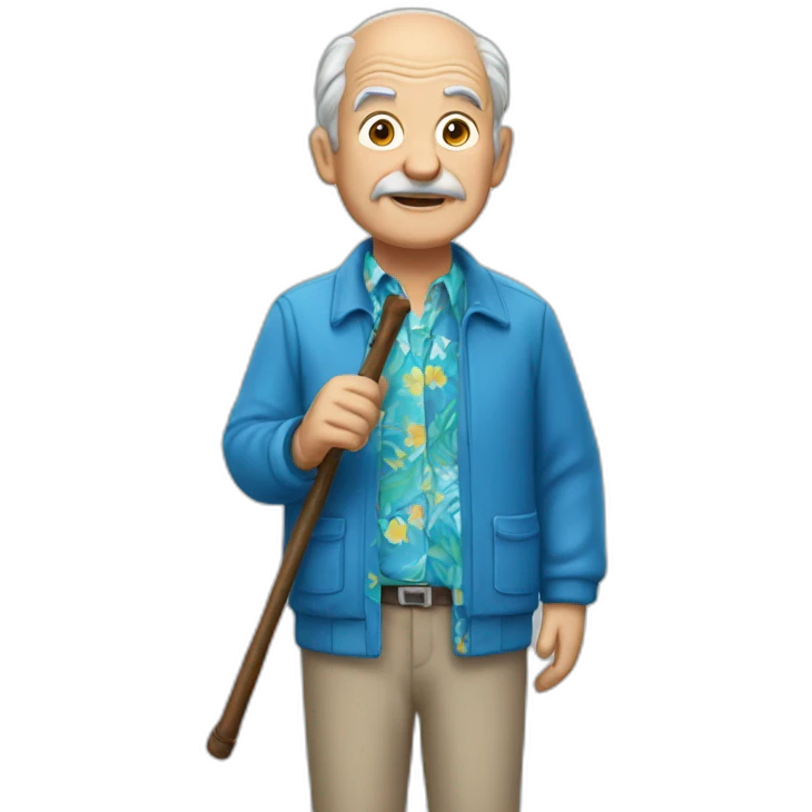 old man holding cane wearing blue Hawaiian shirt and jacket emoji