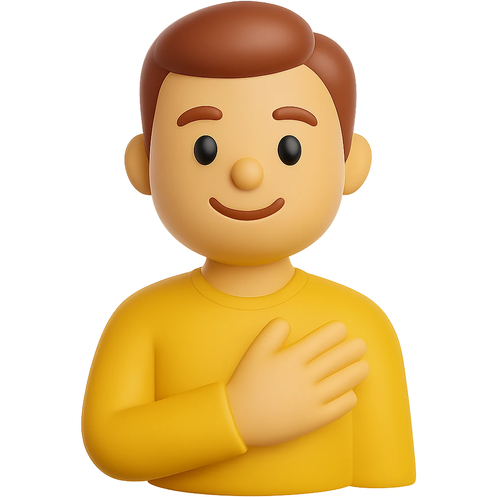 Create a 3D emoji style image of a man holding his hand over his heart, matching the pose, color, shirt, and position of the reference image. The style should resemble Microsoft style 3D fluent emojis with a transparent background. emoji