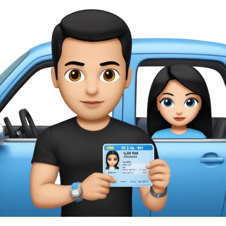driving license with the photo of ipretty bratz emoji of salman khan wearing a black tee, silver- blue bracelet, black hair emoji