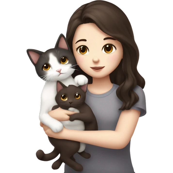 A pale girl with dark brown hair and dark brown eyes holds and kisses a white cat in her hands look at the cat emoji