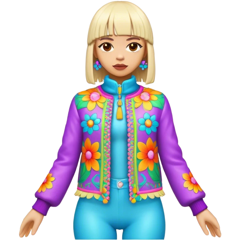 3D, psychedelic colored hippie wearing hip huggers and a fringed jacket with flower border emoji