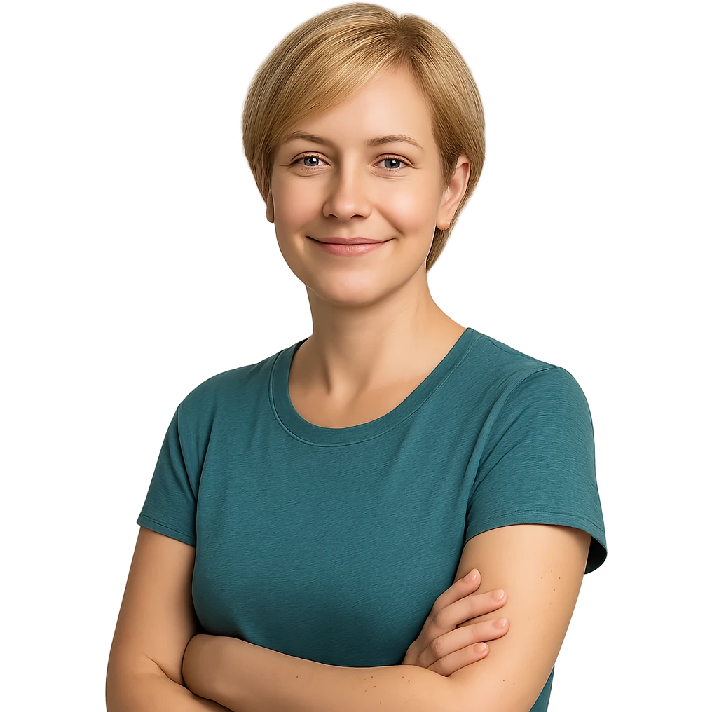 a wife with short blond hair, relaxed pose, approachable, portrait, simple background emoji
