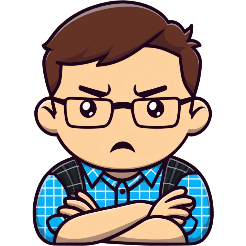 A stiff, uptight person with a scowling face looking fearful, wearing glasses and checkered shirt emoji