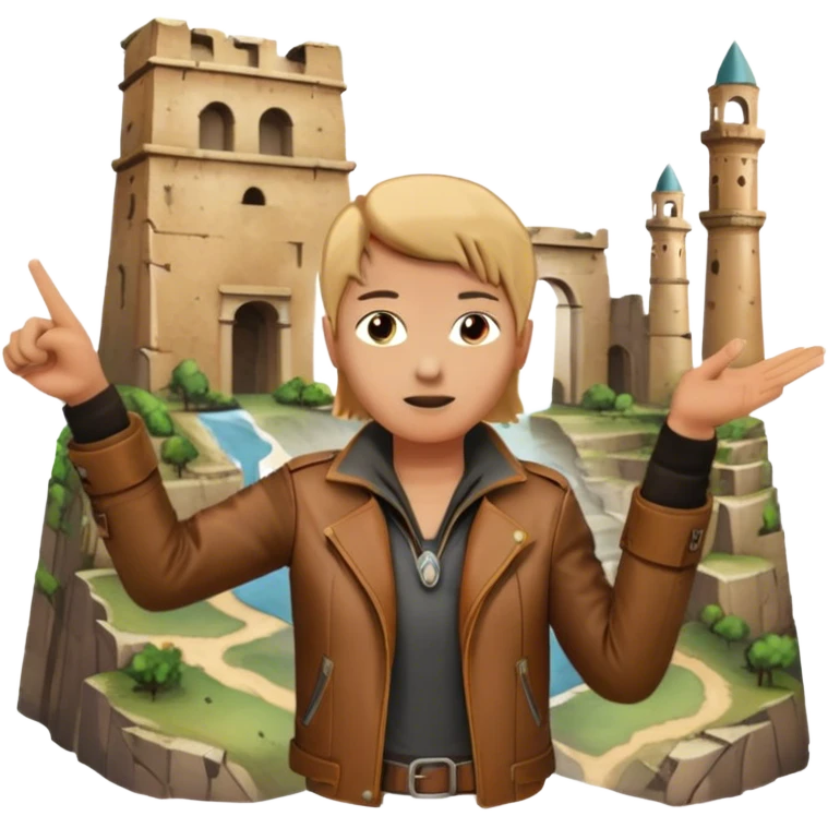 Icon for Documentary Film (TV style): A traveler pointing backward and narrating in front of ancient ruins. Include elements like historical landmarks, maps, and exploration tools to evoke a sense of adventure. Transparent background. emoji