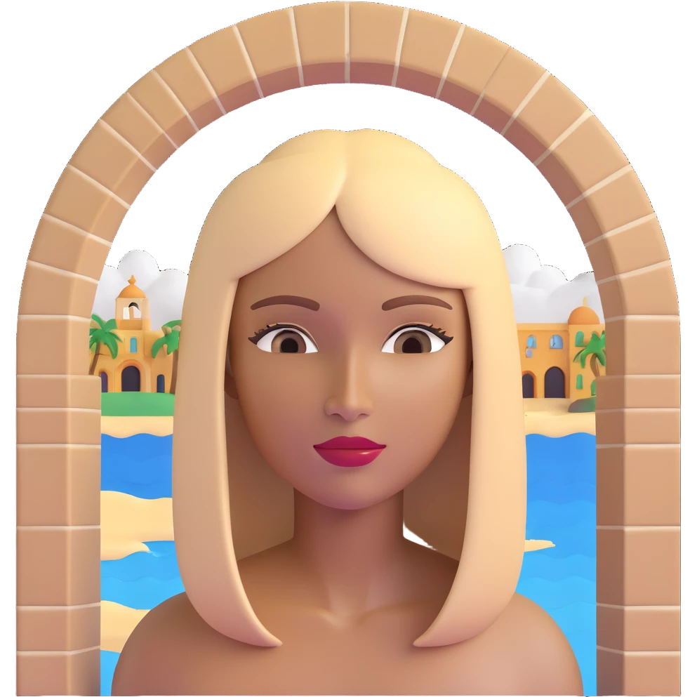 close-up of a woman's face with darker blonde straight hair, light brown skin, with the three iconic arches of Atalaia Beach (Aracaju-SE) prominently displayed very close in the background, middle arch taller with round tops, made of tiles emoji