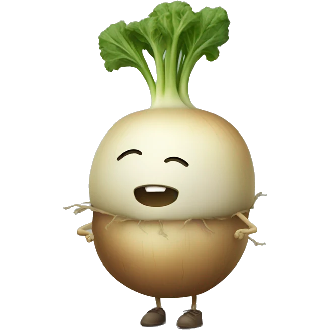 turnip with stubby arms and legs, in casual outfit emoji