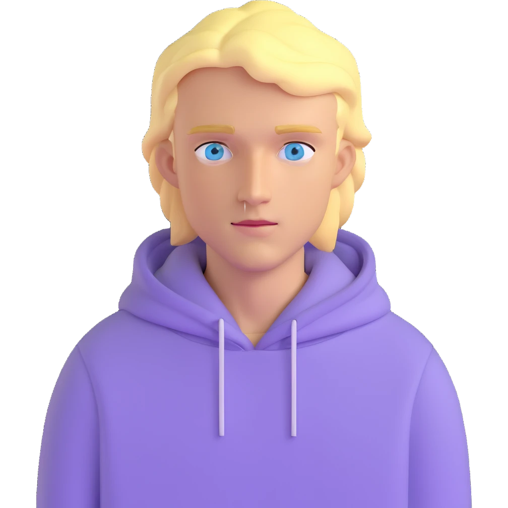 blonde man with blue eyes wearing a lilac hoodie emoji