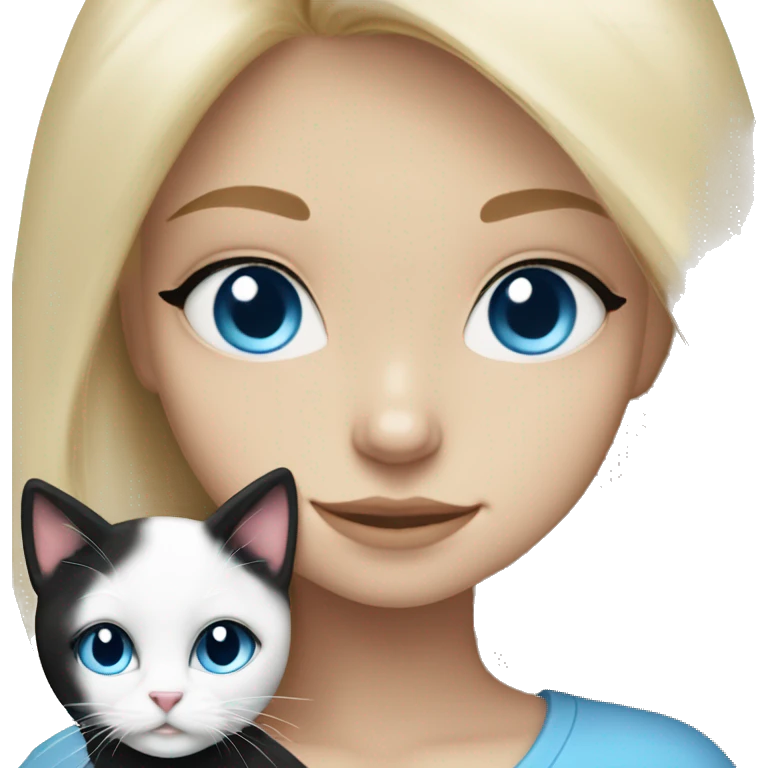 Blonde girl blue eyes snuggling fluffy tuxie black & white cat emoji