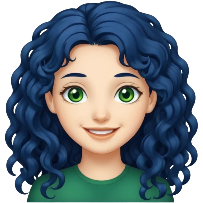 Girl with long  curly dark blue hair, green eyes, and very fair skin. emoji