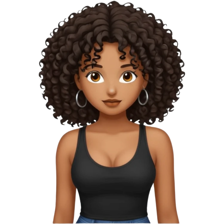 brown skinned lady with curly black hair, shoulder long hair, messy, nice curves, busty, low cut tank top emoji