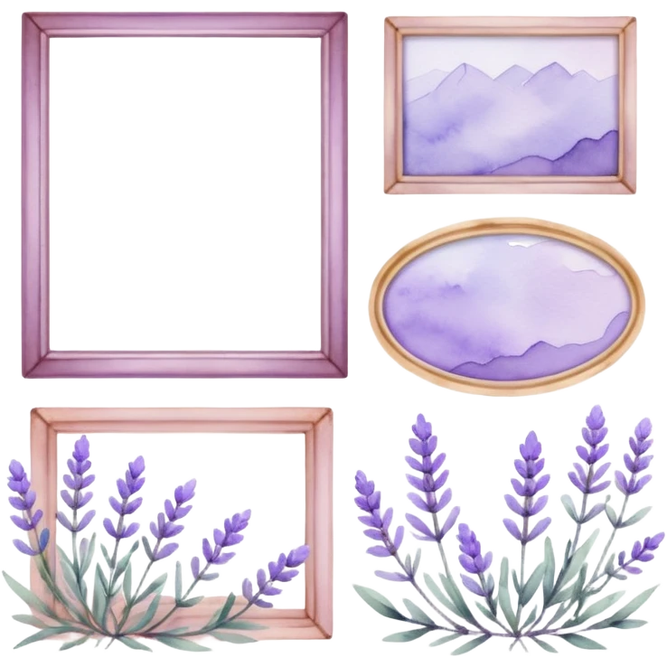 The art style is clean line art with delicate watercolor textures, pastel colors, and a dominant palette of lavender, soft lilac, and muted purple.  Delicate frames to border text emoji