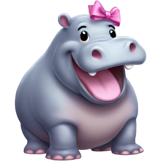 Hippo with pink bow laughing. Make it with cozy vibe emoji