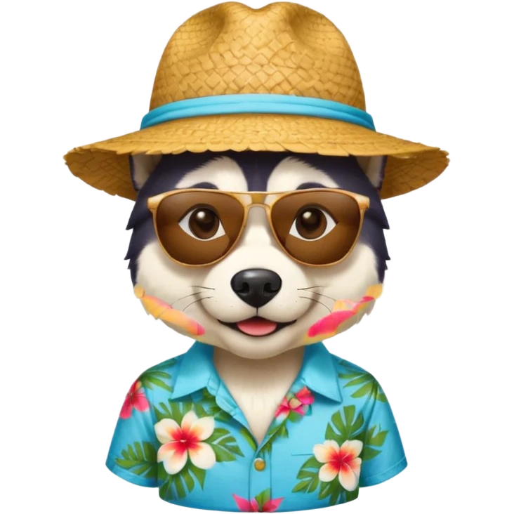 hasky with sunglasses and straw hat, hawaii shirt emoji