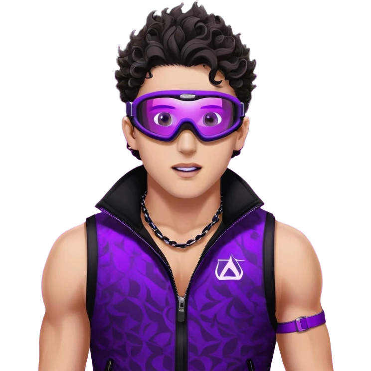 close-up of bad guy male athlete with white skin and moderately curly dark brown hair on top with shaved sides, wearing ski goggles with purple frames and very dark black lenses, a simple plain black chain necklace, and a completely unzipped sleeveless vest with purple and black sequin fire pattern design with no logo, pulling his tongue out very far in an exaggerated mocking gesture, looking menacing and villainous emoji
